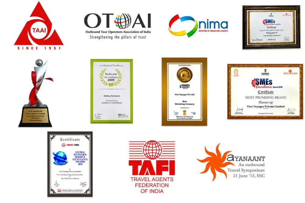 A board of certificates, a trophy and the logos of TAAI, OTOAI, NIMA, TAFI and the Ayanaant travel symposium