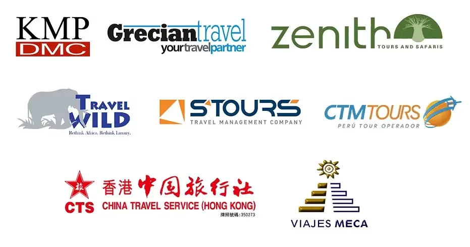Logos of KMP DMC, Grecian Travel, Zenith Tours and Safaris, Travel Wild, S’Tours, CTM Tours, China Travel Service (Hong Kong) and Viajes Meca