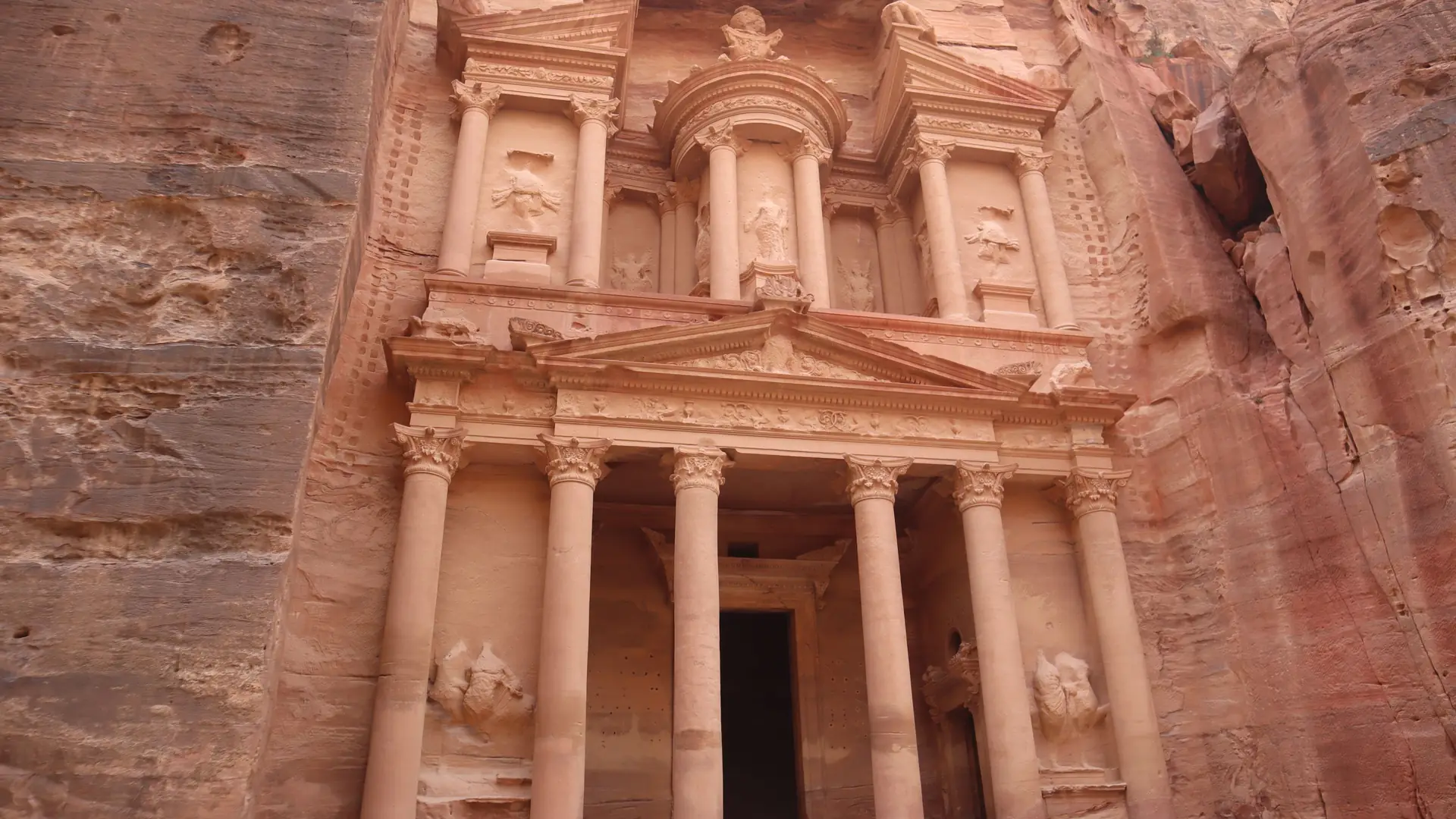 The rock-cut facade of Al-Khazneh, the Treasury, at Petra in Jordan