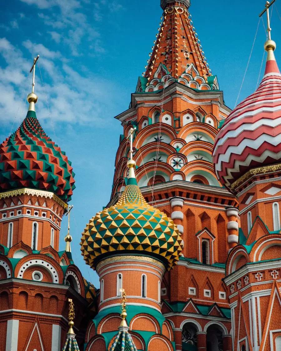 The patterned onion domes of St Basil’s Cathedral in Moscow