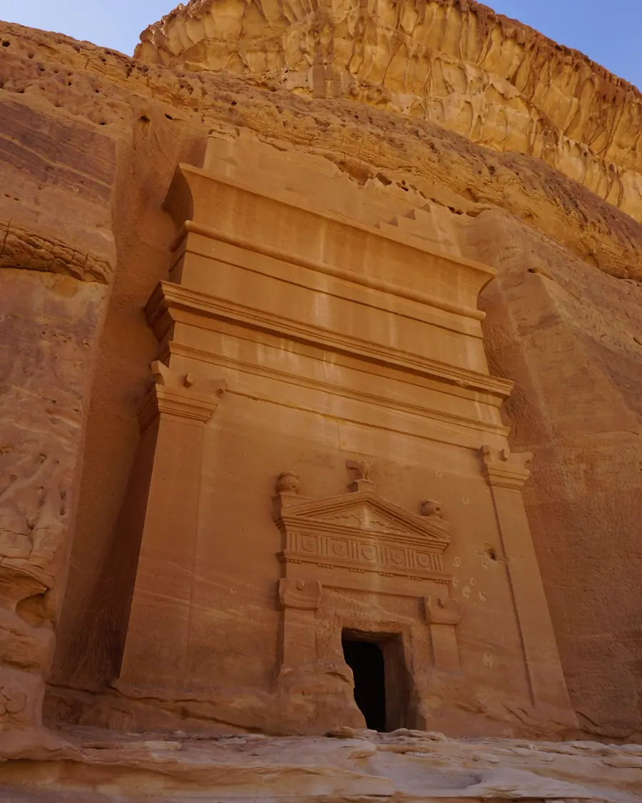 A rock-cut Nabataean tomb at Hegra, near AlUla, Saudi Arabia